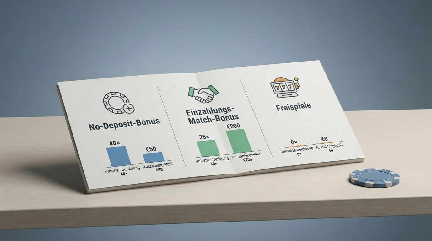 Grafische Gegenüberstellung der drei Bonus-Haupttypen — No-Deposit, Einzahlungs-Match und Freispiele — mit ihren typischen Bedingungen und Hürden