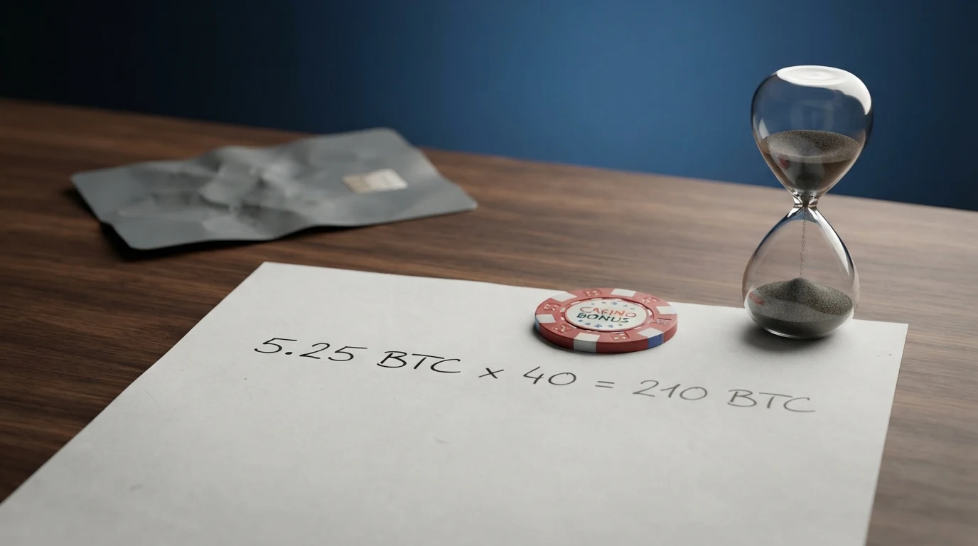Eine Rechnung auf Papier: 5,25 BTC × 40 = 210 BTC Umsatz, daneben eine Sanduhr und ein durchgestrichener Geldschein