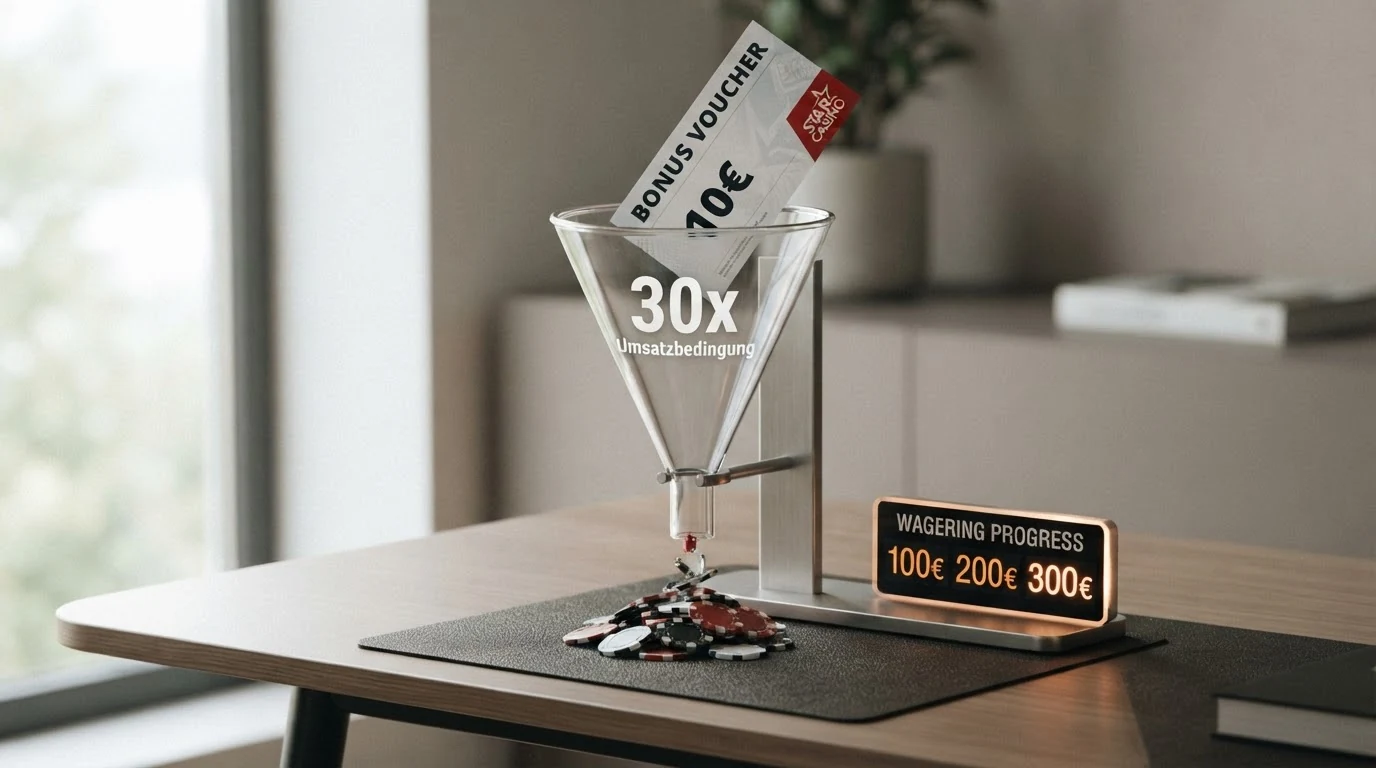 Eine stilisierte Grafik: Ein 10€-Bonus-Schein wandert durch einen Trichter mit der Beschriftung „30x Umsatzbedingung“ und kommt am anderen Ende als stark geschrumpfter Betrag heraus, während ein Zähler die Etappen 100€, 200€, 300€ Umsatz anzeigt.
