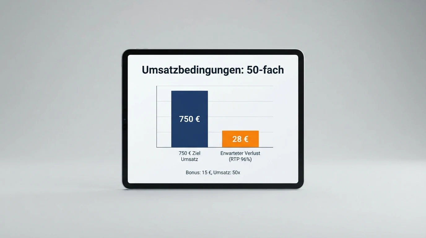 Eine Nahaufnahme der Bonusbedingungen eines Online-Casinos auf einem Tablet-Bildschirm, mit einem roten Marker neben der Zeile „Umsatzbedingungen: 50-fach“