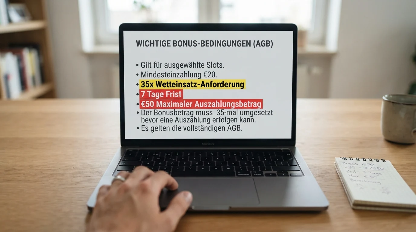 Nahaufnahme eines Bonusbedingungen-Fensters mit farblich hervorgehobenen Zeilen zu Umsatzanforderung (35x), Gültigkeit (7 Tage) und maximaler Auszahlung (50 €)