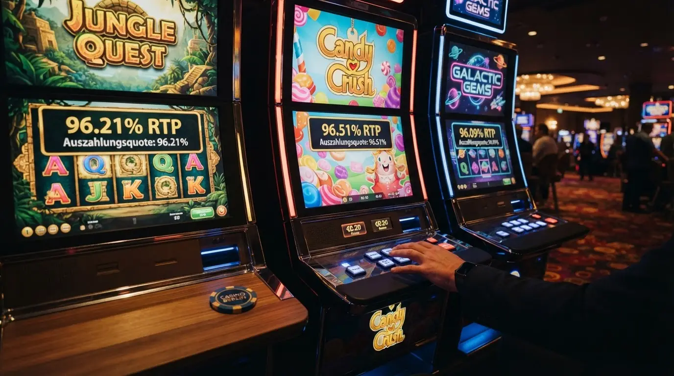Drei beliebte Spielautomaten — Book of Dead, Sweet Bonanza und Starburst — nebeneinander mit ihren RTP-Kennzahlen