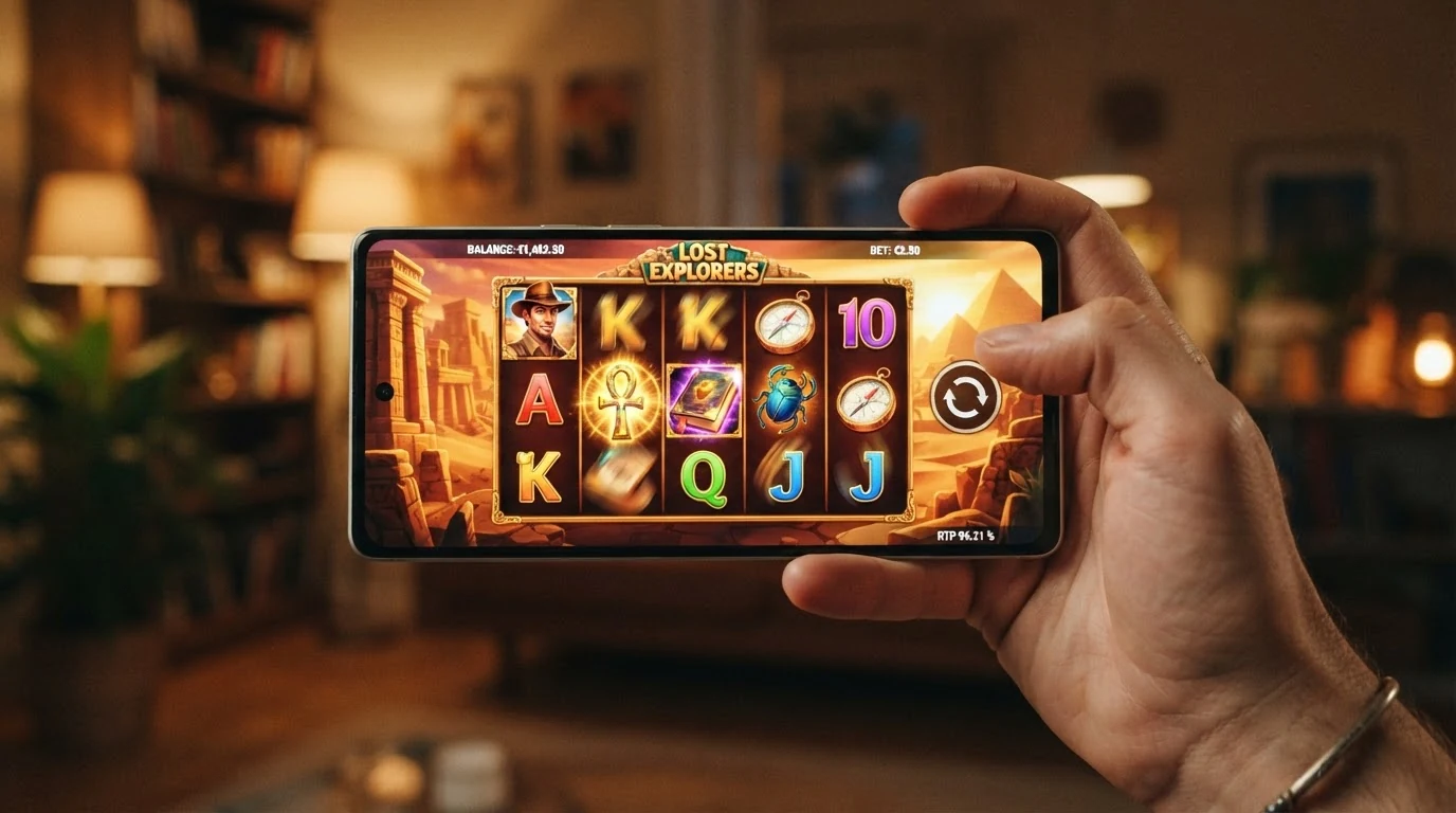 Ein Smartphone im Querformat mit einer Slots-App, die Walzen zeigen Book of Dead von Play'n GO, ein Menü-Element mit der RTP-Angabe „96,21 %“ ist eingeblendet