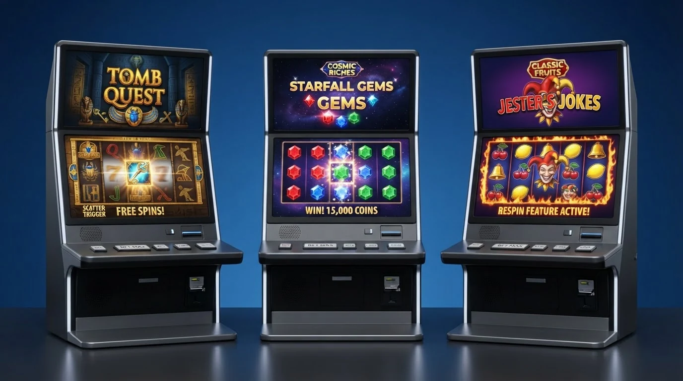 Drei nebeneinander angeordnete Slot-Bildschirme mit den Walzen und Symbolen von Book of Dead, Starburst und Fire Joker