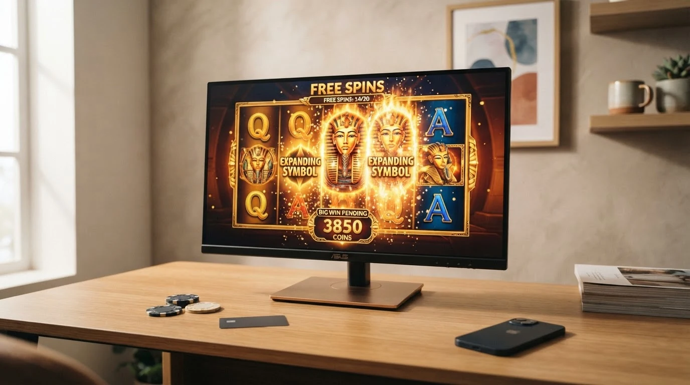 Book of Ra Deluxe Spielautomat mit fünf Walzen, ägyptischen Symbolen und dem Expandierendes-Symbol-Feature während der Freispiele