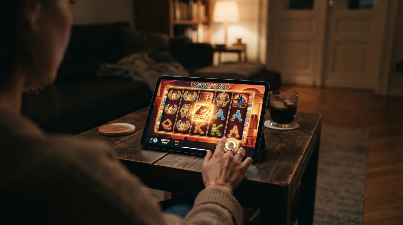 Spielbildschirm von Book of Ra Deluxe mit den fünf Walzen, dem Ägypten-Thema und der Freispiel-Funktion