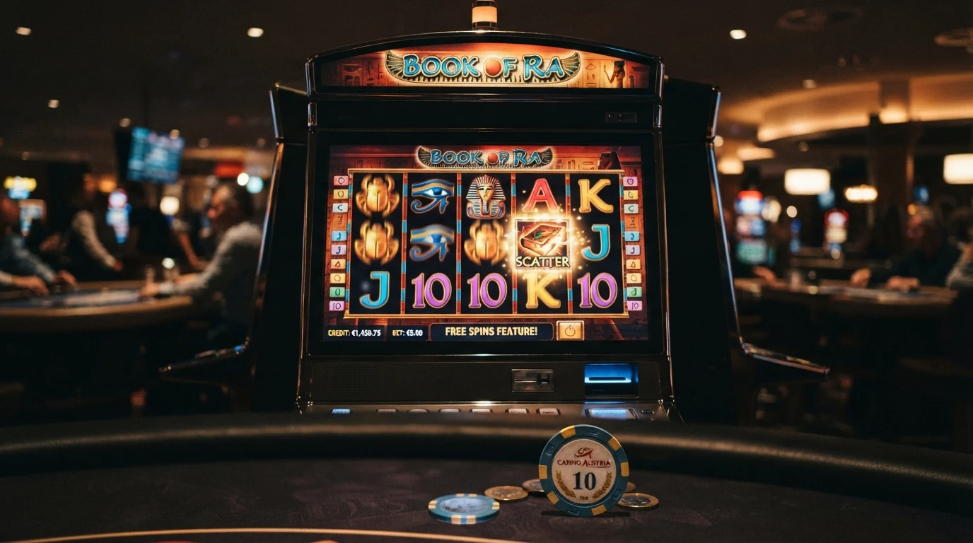 Book of Ra Deluxe Spielautomat von Novomatic mit fünf Walzen und zehn Gewinnlinien im Einsatz