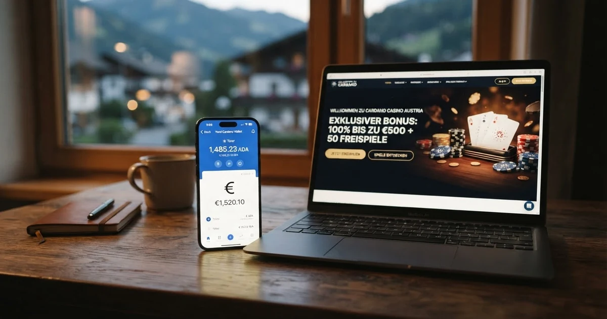 Eine Cardano-Wallet-App auf einem Smartphone-Bildschirm, daneben ein Casino-Willkommensbonus auf einem Laptop — symbolisiert den Einstieg ins Cardano-Glücksspiel