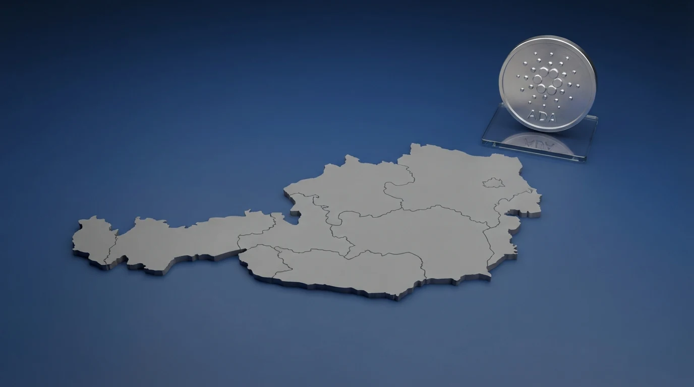 Eine stilisierte Österreich-Karte mit einem ADA-Symbol, das außerhalb eines markierten „lizenzierten Bereichs“ steht — visuelle Trennung zwischen Offshore-Cardano-Casinos und dem AT-Monopol