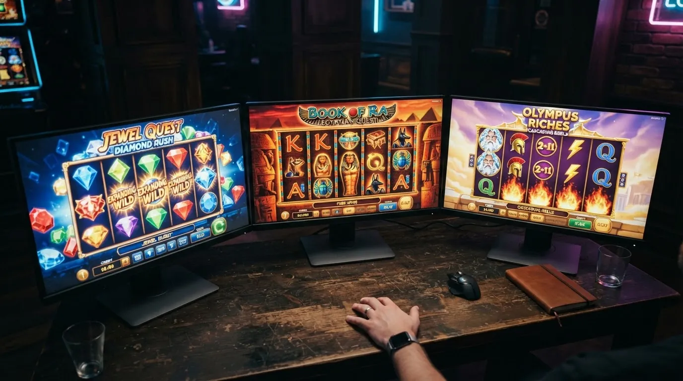 Drei Spielautomaten-Bildschirme nebeneinander — Starburst, Book of Dead und Gates of Olympus — stellvertretend für die beliebtesten ADA-Slots