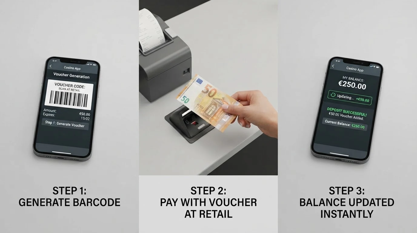 Drei nebeneinanderliegende Schritte als Grafik: Smartphone mit Barcode, Geldschein an der Kasse, Casino-Guthaben auf dem Bildschirm