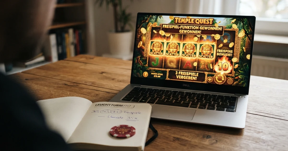 Eine Slot-Walze mit drei Scatter-Symbolen, die eine Freispiel-Runde auslösen, auf dem Bildschirm eines Laptops, daneben eine geöffnete Bonus-Übersichtsseite eines Online-Casinos
