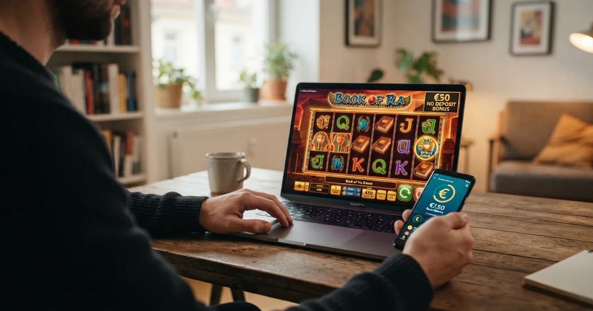 Ein Spieler am Bildschirm sieht ein Casino-Bonus-Fenster mit der Aufschrift „Bonus ohne Einzahlung“ — daneben ein Symbol für die österreichische Flagge und ein durchgestrichenes Euro-Zeichen als Hinweis auf die fehlende Einzahlungspflicht.