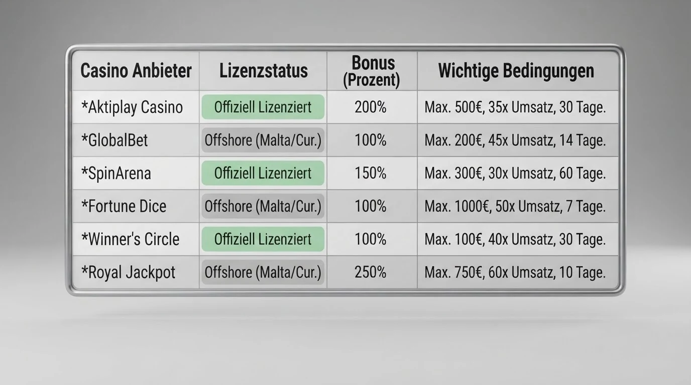 Eine strukturierte Vergleichstabelle mit Casino-Logos, Bonus-Prozentsätzen und Farbmarkierungen für den Lizenzstatus
