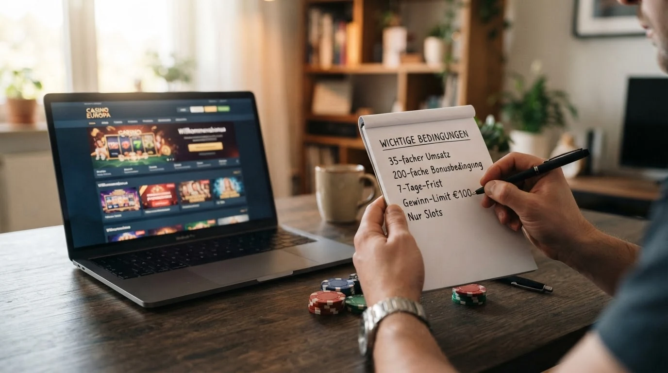 Eine Übersicht verschiedener Casino-Willkommensangebote: Bonus-Beträge, Freispiel-Anzahlen und Umsatzbedingungen nebeneinander dargestellt, mit einem Fokus auf die oft übersehenen Bedingungen im Kleingedruckten