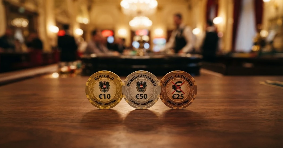 Drei nebeneinander angeordnete Spielchips in unterschiedlichen Farben: ein goldener Chip mit der Aufschrift „Echtgeld“, ein silberner mit „Bonus-Guthaben“ und ein bronzener mit „Gratis-Guthaben“ — der bronzene hat ein durchgestrichenes Euro-Zeichen.
