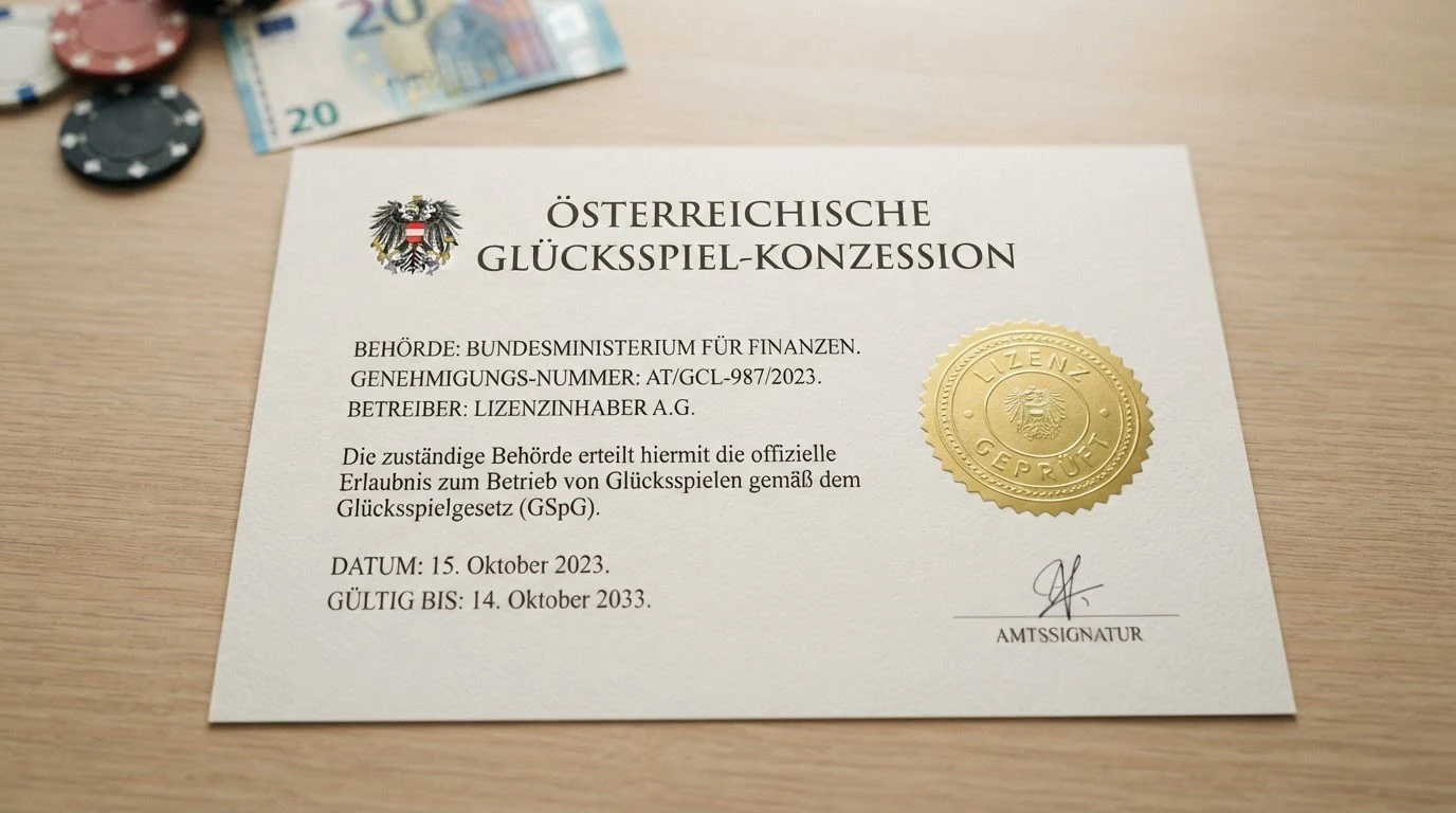 Offizielles österreichisches Konzessionsdokument oder BMF-Siegel neben dem win2day-Logo — als einzig lizenzierter Anbieter hervorgehoben