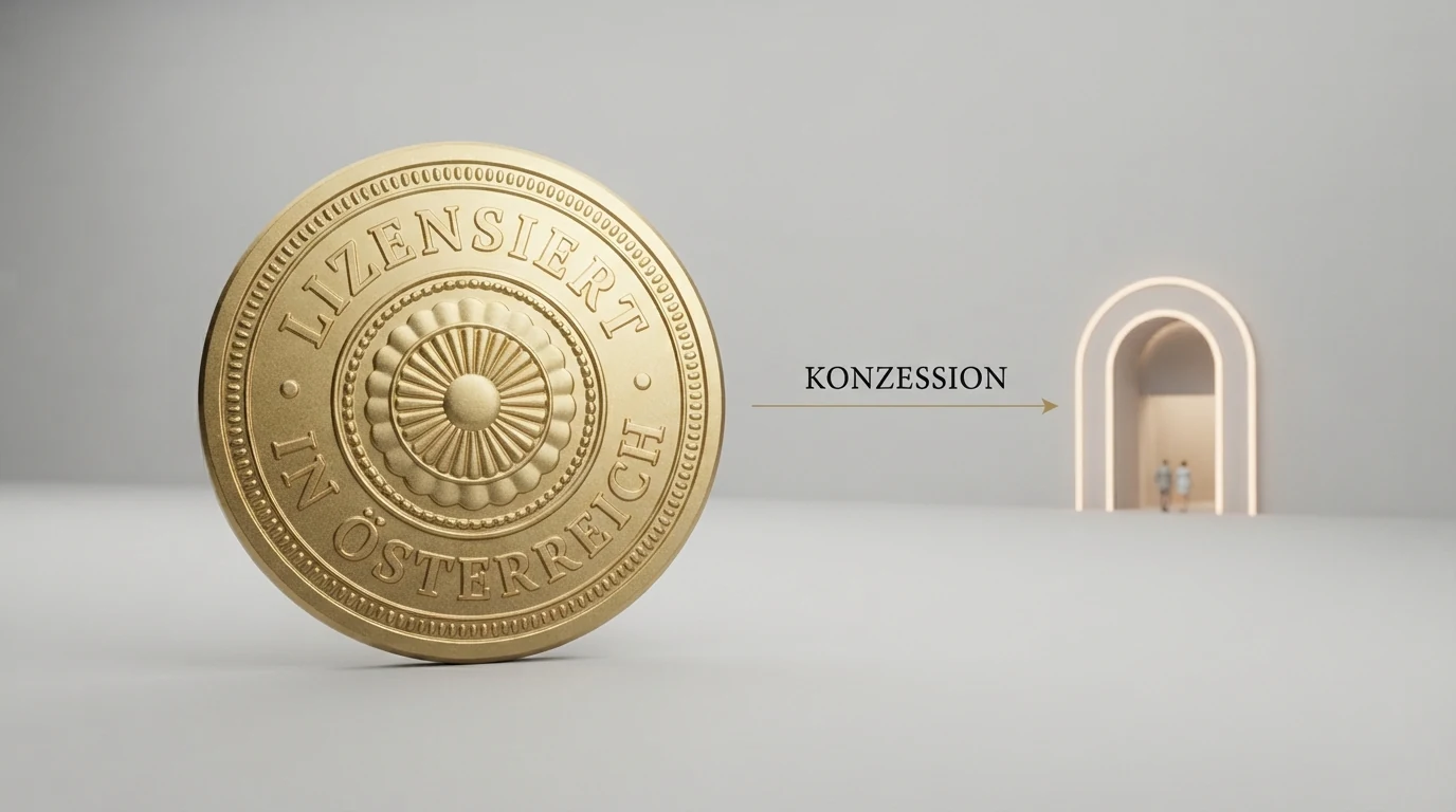 Ein österreichisches Hoheitszeichen oder Symbol der Aufsicht (BMF) neben einem stilisierten Casino-Eingang, verbunden durch einen Pfeil mit der Aufschrift „Konzession"