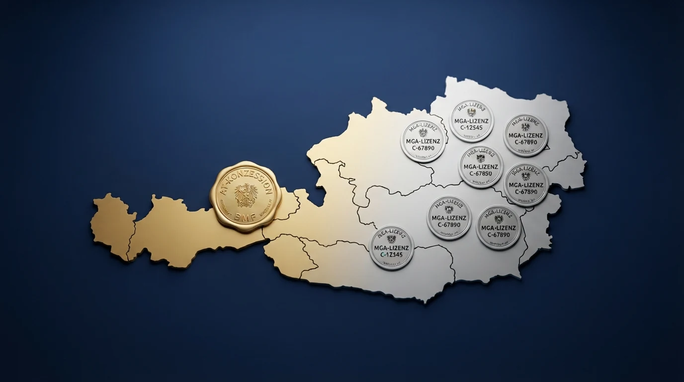 Eine stilisierte Österreich-Karte mit zwei farblich getrennten Bereichen: win2day mit AT-Konzeptions-Siegel auf der einen, MGA-Lizenz-Logos auf der anderen Seite