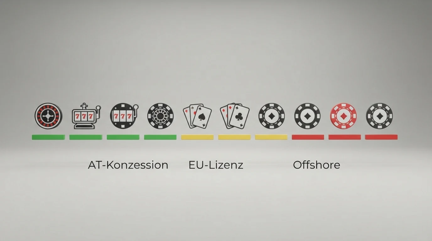 Eine grafische Übersicht mit zehn Casino-Logos, farblich gruppiert nach Lizenzstatus: ein grüner Bereich für AT-Konzession, ein gelber für MGA/GGL, ein roter für Curaçao