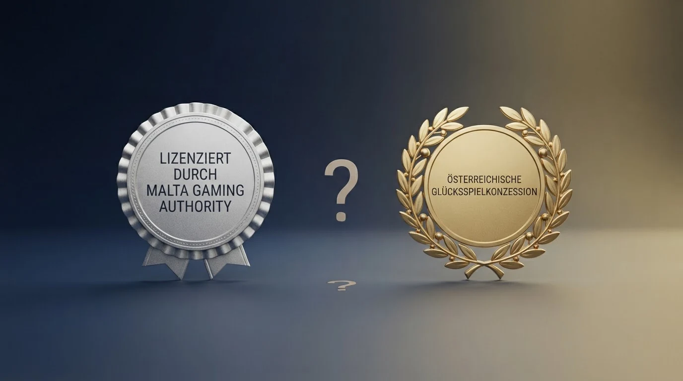 Zwei nebeneinanderliegende Zertifikat-Symbole: MGA-Logo links und BMF-österreichisches-Hoheitszeichen rechts, mit Fragezeichen in der Mitte