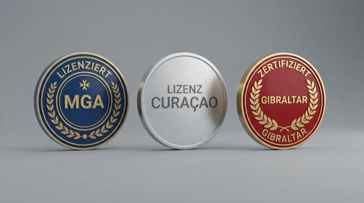 Drei nebeneinander angeordnete Glücksspiel-Lizenzsiegel: Malta Gaming Authority (MGA), Curaçao eGaming und Gibraltar Gambling Commission