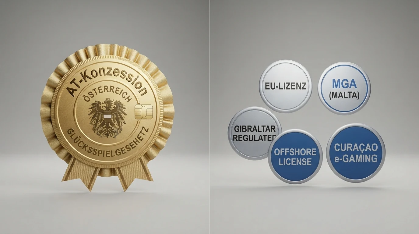 Eine Übersichtstabelle mit Operator-Logos, aufgeteilt in zwei Spalten: links „Mit AT-Konzession“ (ein Logo), rechts „Ohne AT-Konzession“ (mehrere Logos mit MGA- und Curaçao-Kennzeichnung).