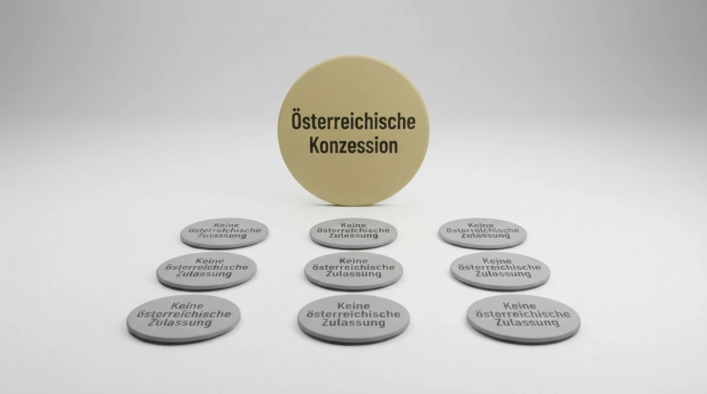 Eine vergleichende Darstellung der zehn vorgestellten Casino-Anbieter, gruppiert nach Lizenzstatus — ein einzelnes Logo unter der Überschrift „Österreichische Konzession“, neun Logos unter „Keine österreichische Zulassung“.