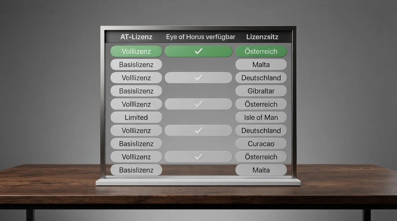 Eine Übersichtstabelle mit zehn Casino-Logos, farblich getrennt nach AT-Lizenz (grün) und EU-/Auslandslizenz (grau)