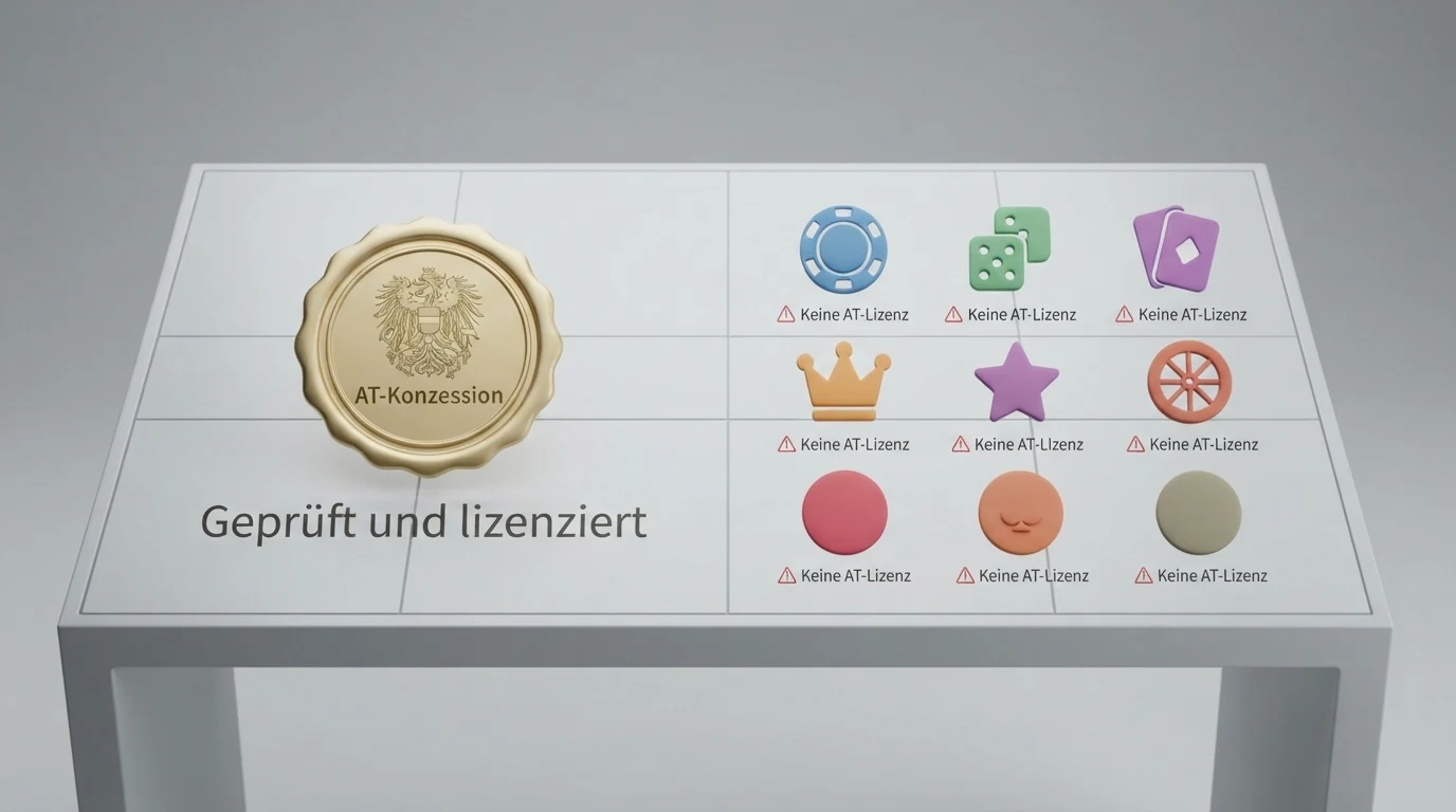 Eine tabellarische Gegenüberstellung von Casino-Logos — links das win2day-Logo unter der Überschrift „AT-Konzession", rechts neun Logos unter „Keine AT-Lizenz" mit einem dezenten Warndreieck