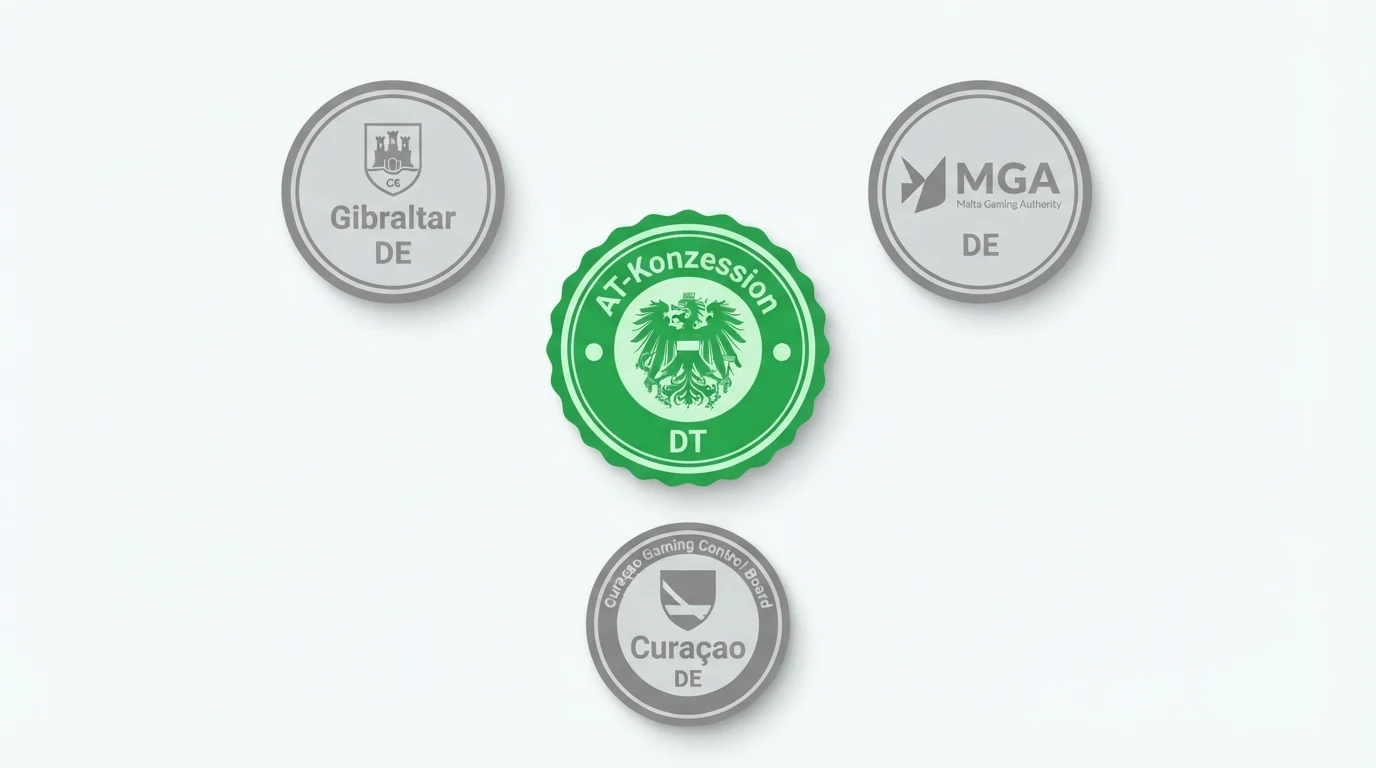 Eine tabellarische Gegenüberstellung der AT-Lizenzstatus-Symbole der zehn verglichenen Anbieter, mit win2day als einzigem grün markierten Eintrag