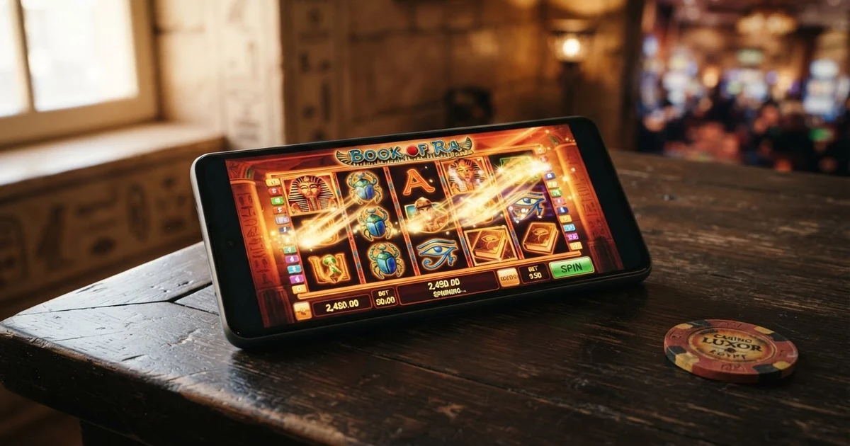 Fünf Walzen des Book of Dead-Spielautomaten mit Rich Wilde, dem Buch-Symbol und ägyptischen Symbolen auf einem Smartphone-Bildschirm vor dunklem Hintergrund
