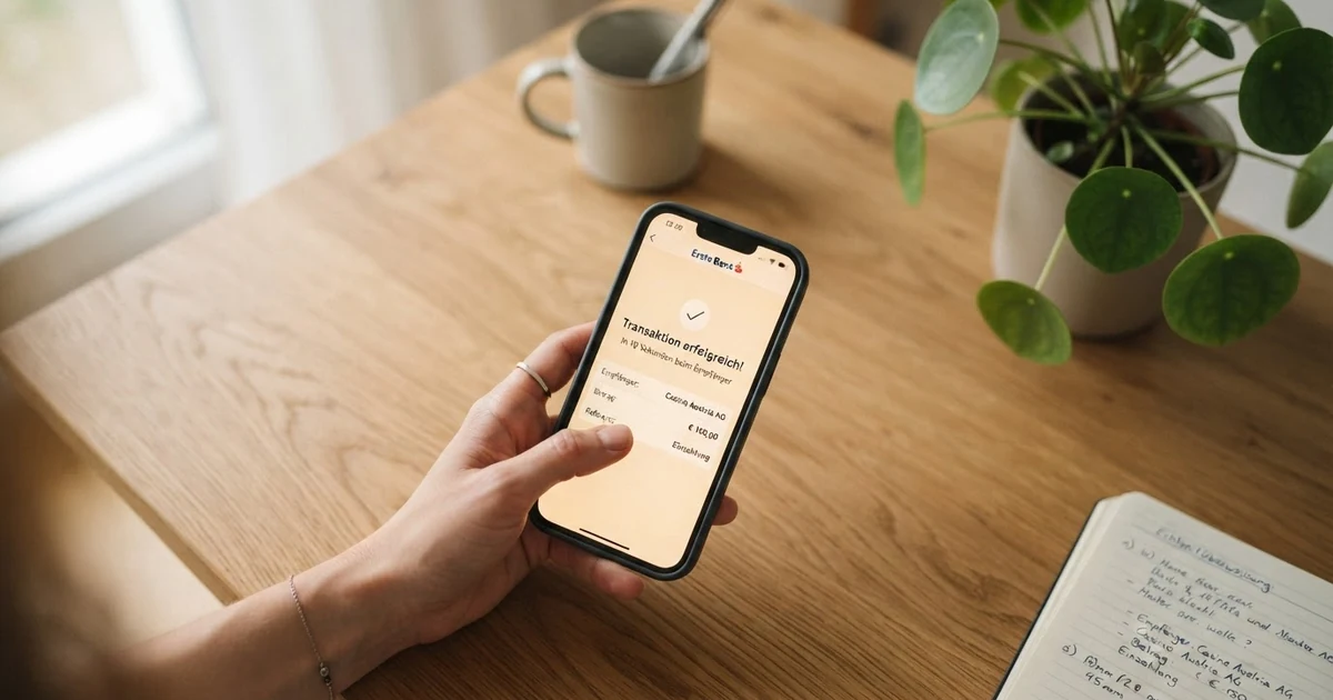 Eine Person hält ein Smartphone mit einer geöffneten Banking-App und tätigt eine Überweisung — auf dem Bildschirm ist der Betrag und die Bestätigung „In 10 Sekunden beim Empfänger“ zu sehen