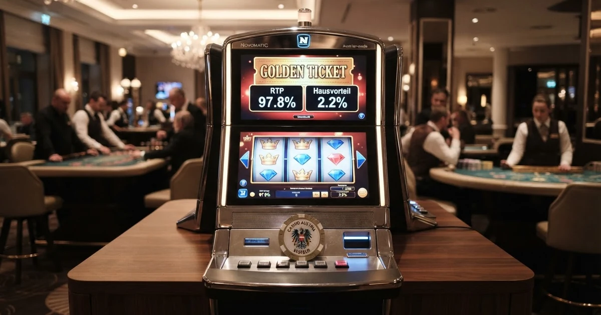 Ein Spielautomat mit leuchtenden Walzen und einer Prozentanzeige, daneben die zwei Kennzahlen „RTP" und „Hausvorteil" als visuelles Schema
