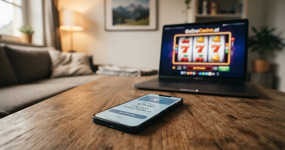 Smartphone mit Magenta-Telekom-Logo auf dem Display, im Hintergrund ein Online-Casino-Spielautomat, eine SMS-Bestätigung wird eingeblendet