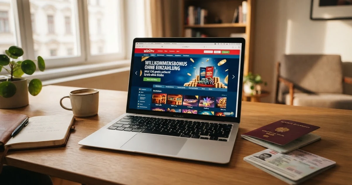 Ein geöffneter Laptop zeigt eine Casino-Startseite mit einem Willkommensbonus-Banner, daneben liegt ein österreichischer Reisepass