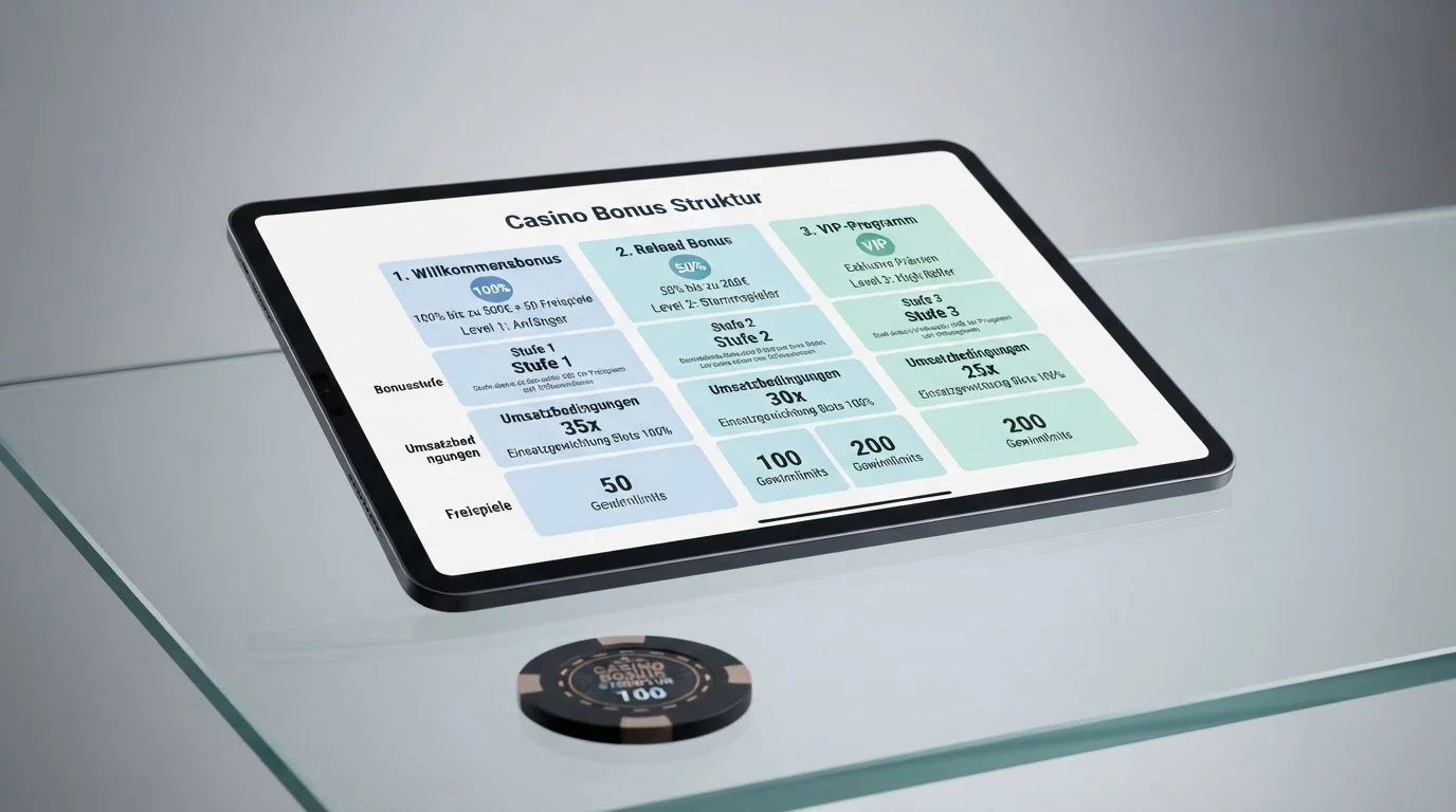 Eine tabellarische Übersicht mit Casino-Logos, Bonus-Prozentsätzen und Wagering-Angaben auf einem Bildschirm, sortiert nach Bewertung