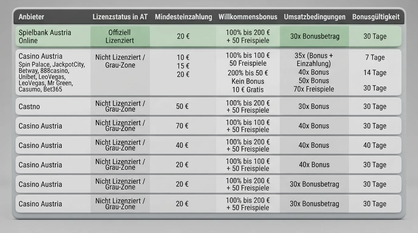 Vergleichstabelle mit den zehn geprüften Anbietern — farblich getrennt nach konzessioniert (win2day) und nicht konzessioniert (die übrigen neun) mit Mindesteinzahlung und Bonus-Spalte
