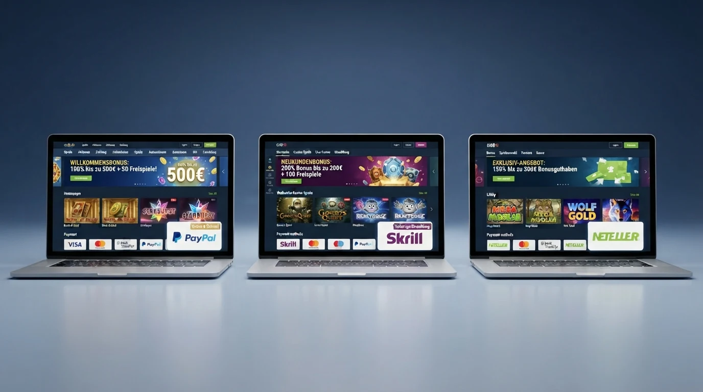 Übersichtliche Darstellung mehrerer Online-Casino-Startseiten mit hervorgehobenen Willkommensbonus-Beträgen und dem MiFinity-Logo im Zahlungsbereich