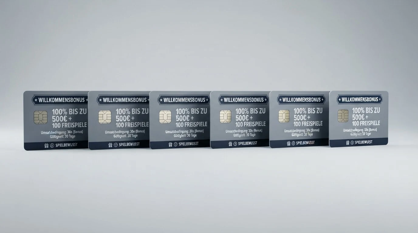 Sechs nebeneinander angeordnete Casino-Logos mit den darunter notierten Bonussummen und Umsatzbedingungen, farblich nach Lizenztyp gruppiert