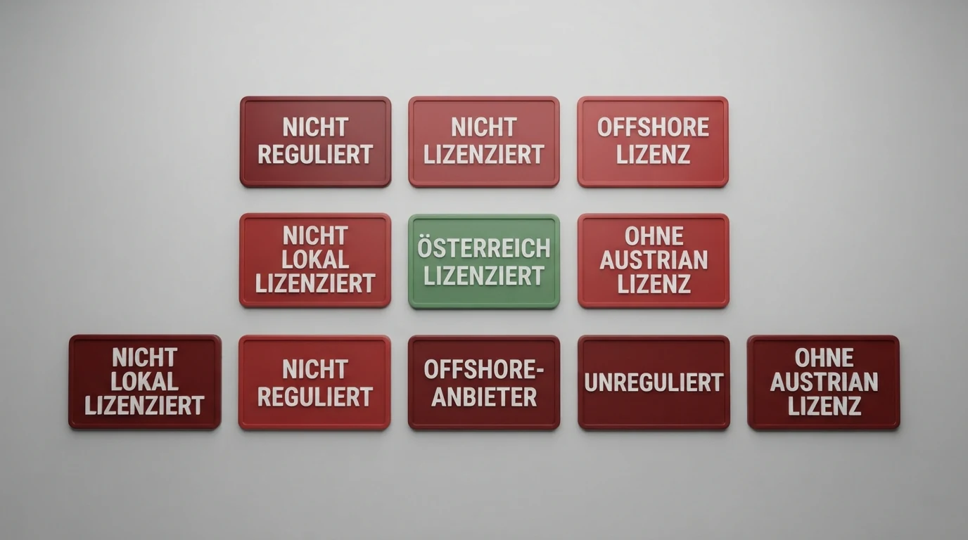 Eine strukturierte Übersicht mit Casino-Namensschildern, farblich markiert nach Lizenzstatus (grün = AT-Lizenz, rot = Offshore)