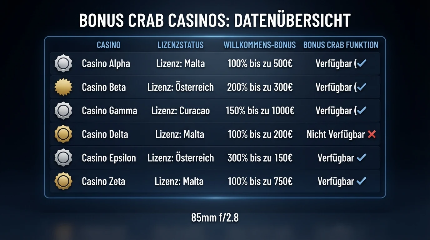 Eine Übersichtstabelle mit Casino-Logos, daneben Symbole für Lizenzstatus, Bonusprozentsätze und Greifarm-Mechanik, auf einem dunklen Vergleichs-Hintergrund