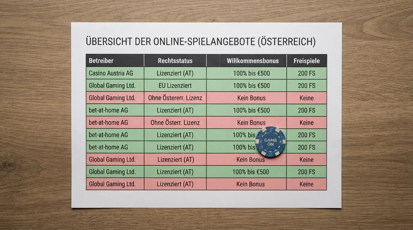Eine tabellarische Übersicht mit den zehn verglichenen Casino-Logos, farblich markierten Spalten für Rechtsstatus, Bonus und Freispiele sowie einem Warnsymbol bei QuickWin