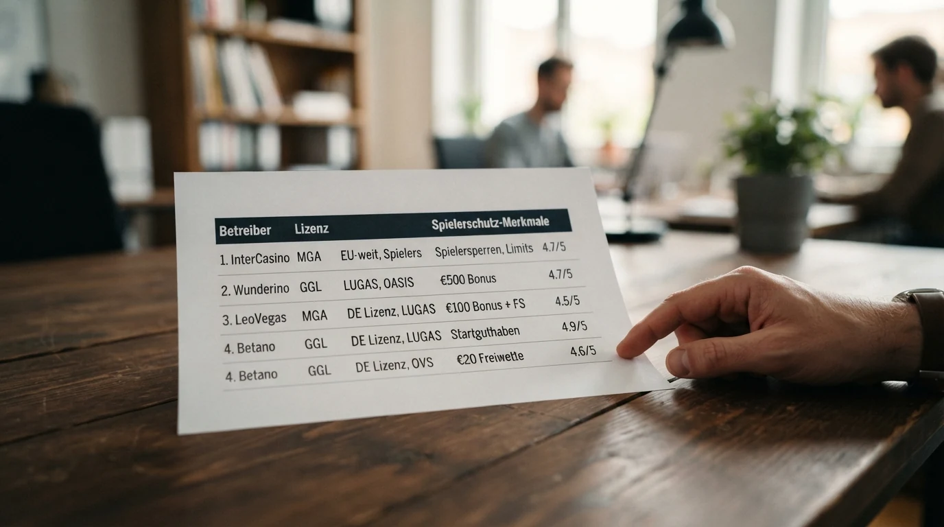 Übersichtstabelle mit Betreibernamen, Lizenzstatus und Spielerschutz-Merkmalen