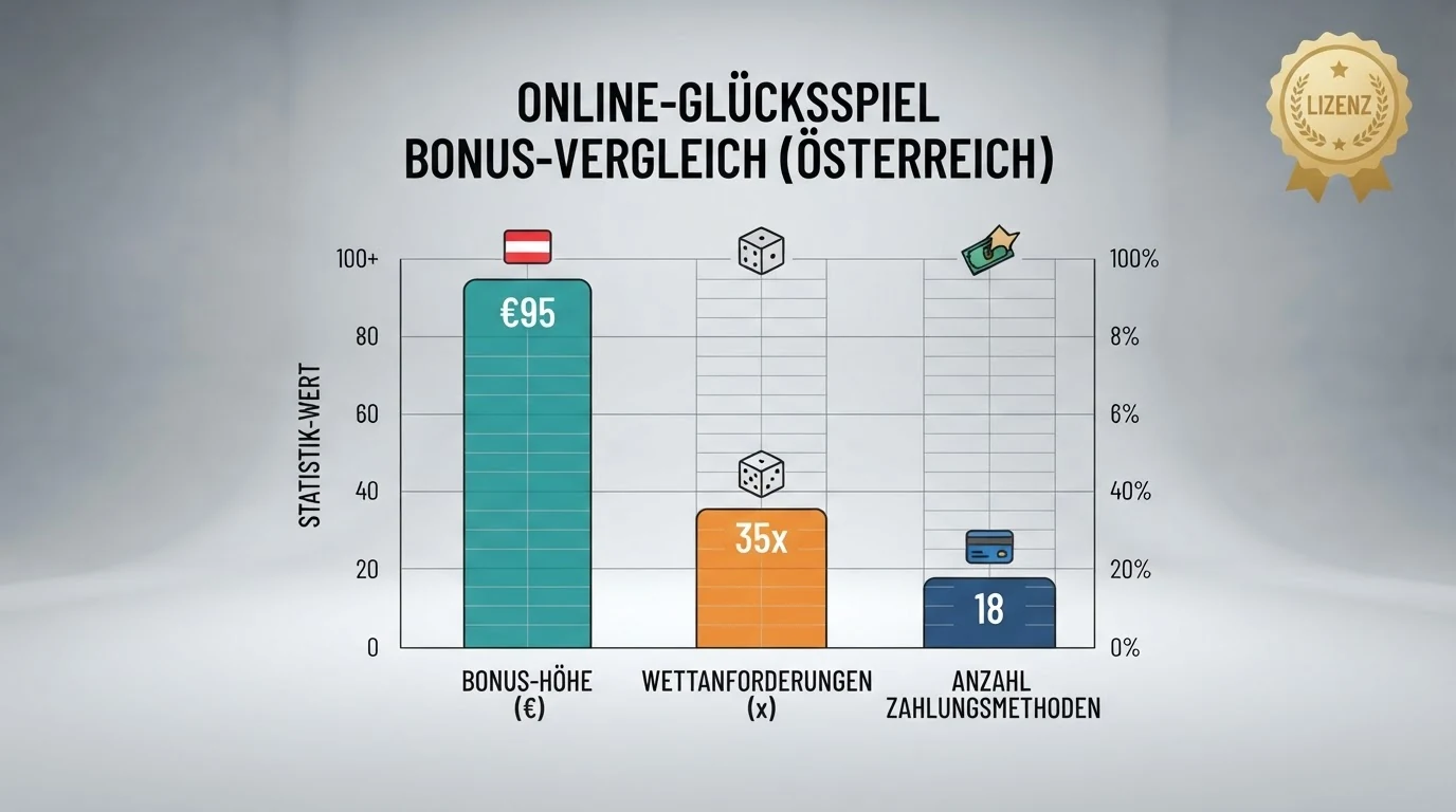 Zehn Casino-Logos nebeneinander mit Hervorhebung des jeweiligen Bonus-Typs und der AT-Lizenz-Ampel (grün/gelb/rot)