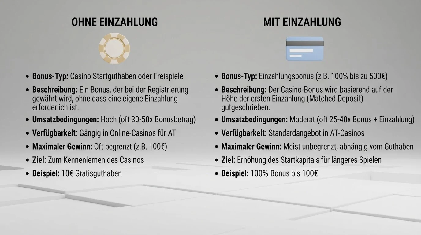 Eine Übersichtstabelle mit Casino-Logos und den zugehörigen Bonus-Konditionen, farblich abgesetzt zwischen Anbietern mit und ohne No-Deposit-Bonus