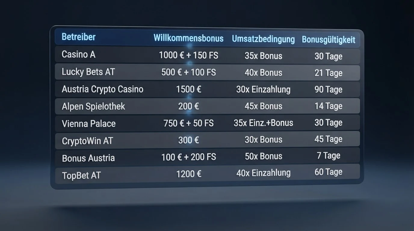 Eine Übersichtstabelle mit Operator-Namen, Bonus-Prozentsätzen und Umsatzbedingungen — mit BCH-Logo als Währungssymbol