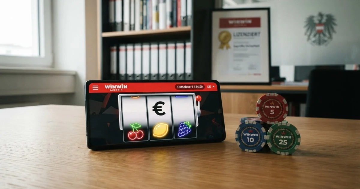 Ein geteiltes Bild: links das offizielle win2day-Logo vor einem BMF-Schriftzug, rechts eine Reihe internationaler Casino-Logos (bwin, Bet365, Mr Green) mit dem Stempel „Keine AT-Konzession“
