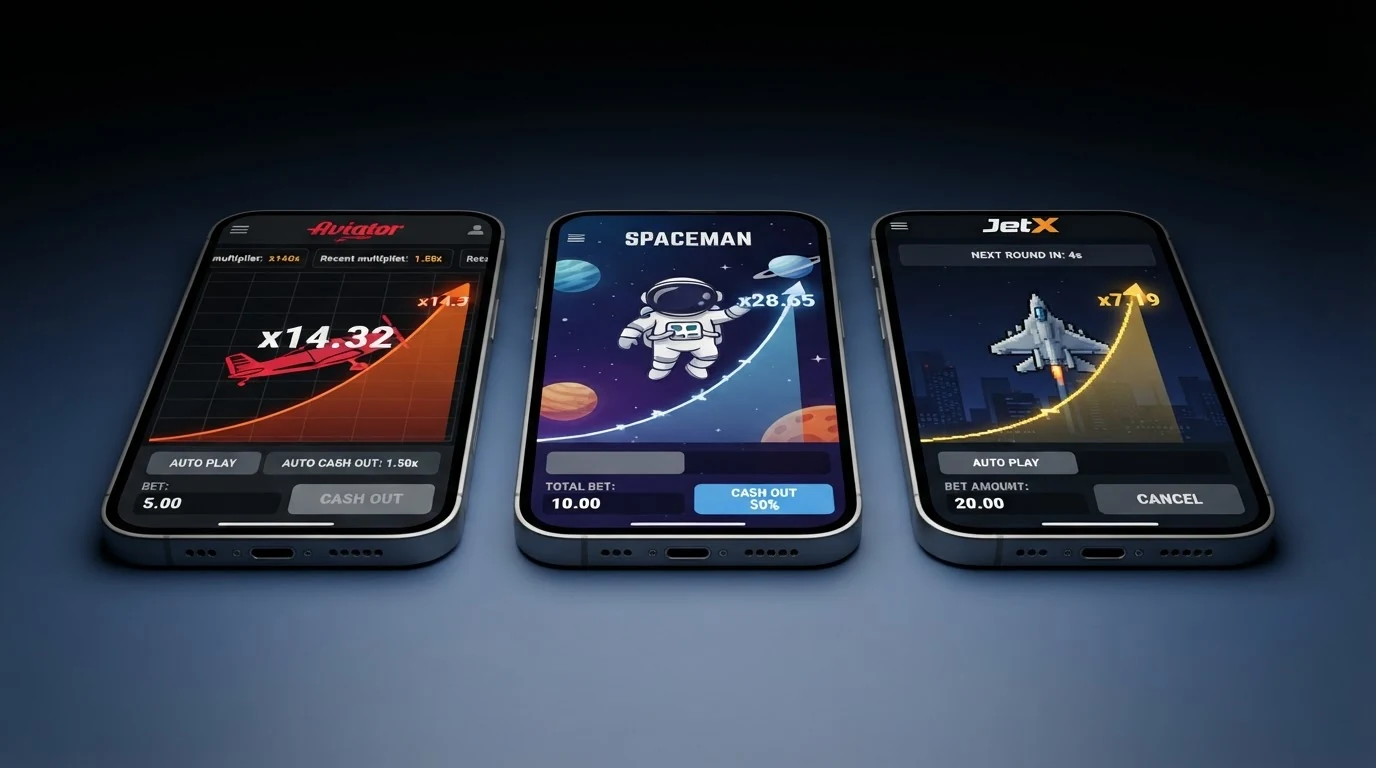 Drei nebeneinander angeordnete Screenshots der Benutzeroberflächen von Aviator, Spaceman und JetX mit ihren jeweiligen Multiplikator-Graphen und Wett-Optionen