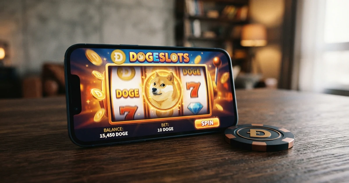 Eine Dogecoin-Münze auf dem Bildschirm eines Smartphones mit Casino-Oberfläche im Hintergrund